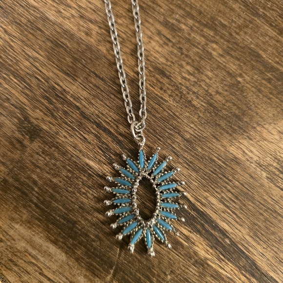 Turquoise and Silver Sunburst Necklace - Picture 2 of 2